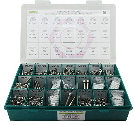 Sortiment M5 + M6 DIN 912 Edelstahl A2 (V2A) Zylinderschrauben (Innensechskant) - Set bestehend aus Schrauben, Unterlegscheiben (DIN 125, 127, 9021) und Muttern (DIN 934, 985) - 650 Teile