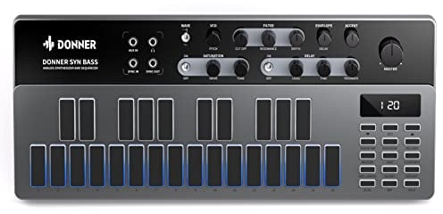 Analoger Bass-Synthesizer und Sequenzer, Donner Essential B1 mit intuitiver Benutzeroberfläche, 128 Musterspeicher, Sättigungs- und Delay-Effekte, perfekt für den klassischen Acid-Sound