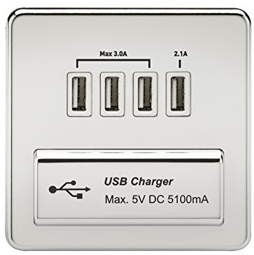 Knightsbridge SFAVQUADPCW Screwless 1G Quad USB Charger Outlet 5V Dc 5.1A-Polished Chrome with White Insert