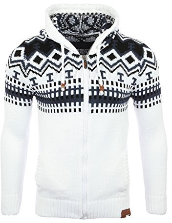 Reslad Herren Grobstrick Norweger Winter Strickjacke mit Kapuze RS-3104 Weiß S