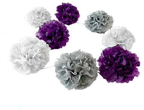 Frau WunderVoll® POMPOMGIRLANDE, LILA, GRAU, Weiss/Deko Hochzeit, Seidenpapier, Seiden Blumen, Papierblumen, Geburtstagsdeko, Tischdeko, Hochzeitsdeko, Gartenfest, Garten Party