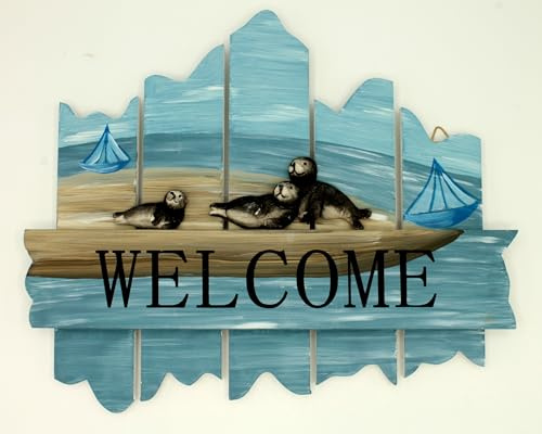 maritime Dekoration Türschild WELCOME Holz mit Robben 29 x 23 cm Schild Wandschild