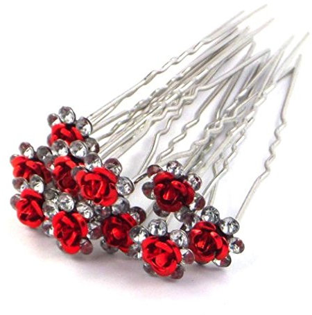 5starwarehouse® 10x Bridal Wedding Prom Silver Crystal Diamante Rose Flower Hair Pins Clips Grips (Red)