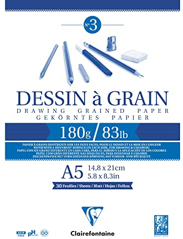 Clairefontaine 96626C Bloc Encollé Papier Dessin à Grain - 30 Feuilles Papier Dessin au Grain Marqué - A5 14,8x21 cm 180g - Idéal pour le Dessin et Croquis au Crayon, Feutre et Fusain