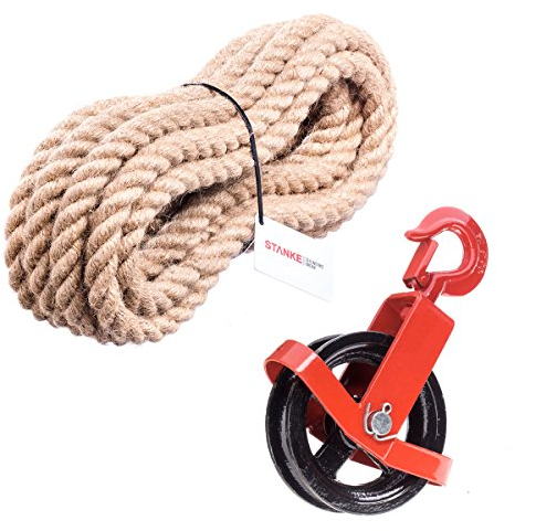 Seilwerk STANKE 180mm Umlenkrolle mit Haken + Juteseil 20mm 20 Meter Seilwinde Seilzug Seilrolle Windenrolle Flaschenzug Baurolle Bau Aufzug SET