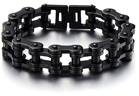 COOLSTEELANDBEYOND Top-Qualität Schwarz Herren-Armband Fahrradkette Motorradkette aus Edelstahl Hochglanz Poliert