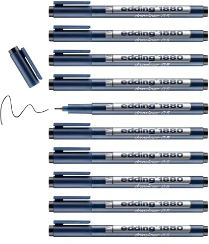 edding 1880 profipen - black - 10 pens - line width 0.5 mm - fineliner pen for precise writing, sketching and technical drawing - fine, metal-encased nib - suitable for use with rulers and stencils