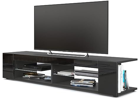 Vladon Lowboard Movie, TV-Kommode mit 4 offenen Fächern und Zierleisten, Schwarz matt/Schwarz Hochglanz (134 x 29 x 39 cm)