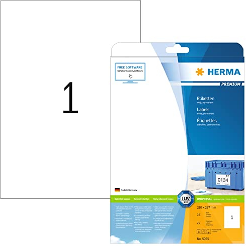 HERMA 5065 Universal Etiketten, 800 Blatt, 210 x 297 mm, 1 pro A4 Bogen, 800 Stück, selbstklebend, bedruckbar, matt, blanko Papier Klebeetiketten Aufkleber, weiß