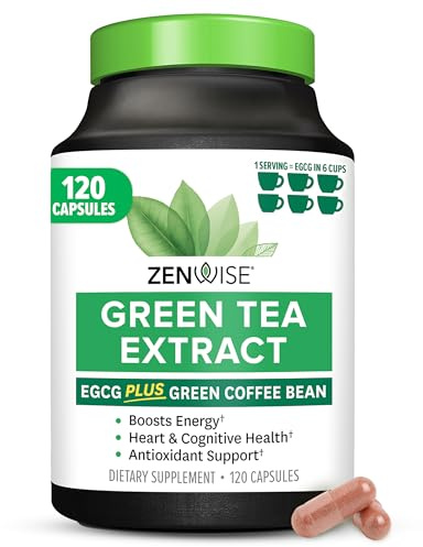 Green Tea Extract Supplement with EGCG for Weight Loss - Decaffeinated Vegetarian Pills for Metabolism Boost and Heart Health with Vitamin C - Natural Source of Energy- 120 Vcaps