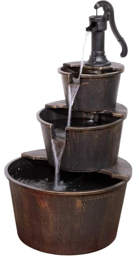 Alpine Corporation 40 Tall Outdoor Floor Tiered Rustic Pump and Barrel Water Fountain, Old-Fashioned Waterfall for Garden, Patio, Yard Decor, Dark Brown