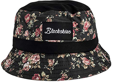 Blackskies® Black Beauty Bucket Hat | Damen Herren Urlaub Strand Blumen Sonnenhut Fischerhut Schwarz mit Rosen