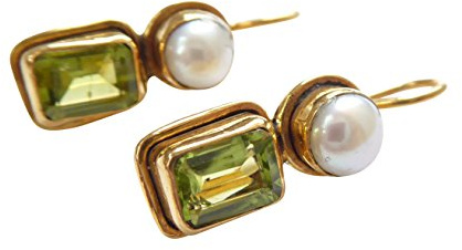 Eckige Peridot-Ohrringe grün echte Süßwasser-Perle Hänger Haken verschließbar Silber vergoldet Retro Vintage Unikat Handarbeit Italien leicht Geschenk