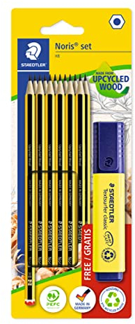 STAEDTLER Bleistift Set Noris, Made from Upcycled Wood, 12 Bleistifte Härtegrad HB, gelber Textsurfer classic Textmarker, 120 BK12P1