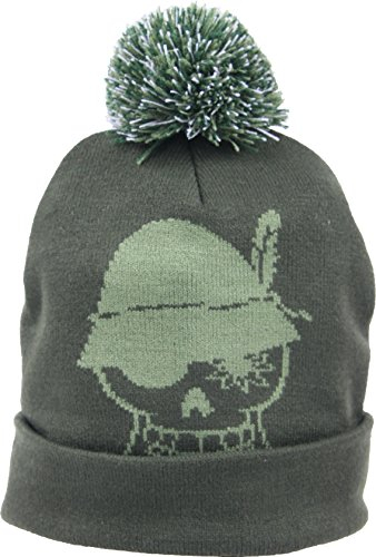 WIESNROCKER I WR1102-3 I Warme Winter Bommel-Mütze, Strick-Mütze dunkel-grün/Khaki, Totenkopf vorne, Schriftzug hinten, One-Size, Unisex