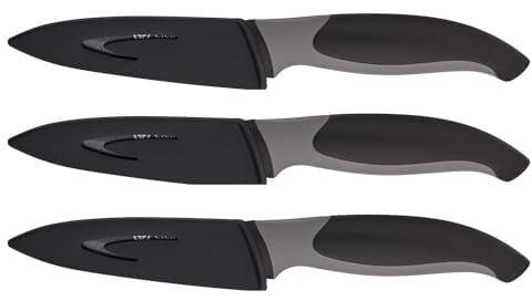 GRÄWE 3er Set Küchenmesser mit Klingenschutz, antibakteriell, Schwarz, Allzweckmesser, Rutschfester Griff, Antihaft-Beschichtung, mit Schutzhülle, Stoffetui, 19,5 cm Gesamtlänge, Spülmaschinengeeignet