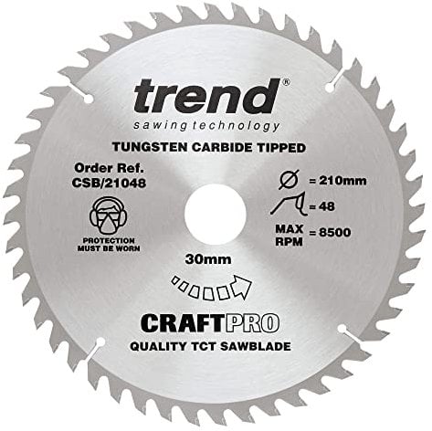 Trend Wood Circular Saw Blade, 210mm Diameter, 30mm Bore, 48 Teeth, 2.4mm Kerf, +15° Hook, TCT, Fine Finish, CSB/21048