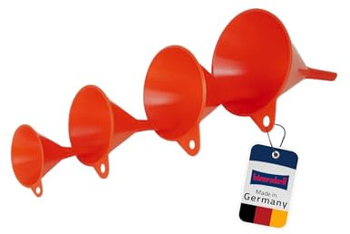 hünersdorff Trichter-Set 4-teilig, Rot | Robuste Einfülltrichter aus bruchsicherem HD-PE mit Entlüftungsrippen & Aufhängeöse – Chemikalienbeständig für Küche, Bad & DIY