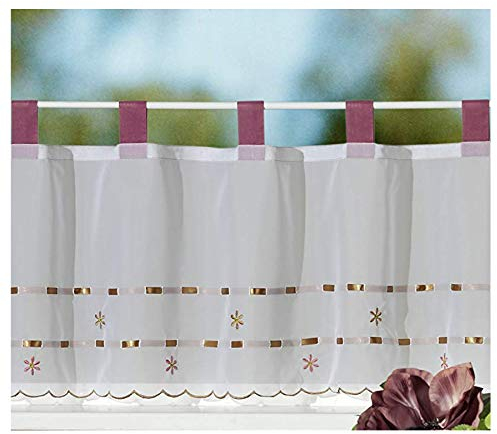 heimtexland Scheibengardine mit Schlaufen durchscheinend Fensterdeko Frühling rosé permlutt Stickerei auf Voile Gardine Typ211