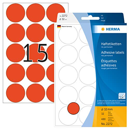 HERMA 2272 Punktaufkleber Klebepunkte rot, 480 Stück, Ø 32 mm, 15 pro Bogen, selbstklebend, Markierungspunkte für Kalender Planer Basteln, matt, blanko Papier Farbpunkte Aufkleber