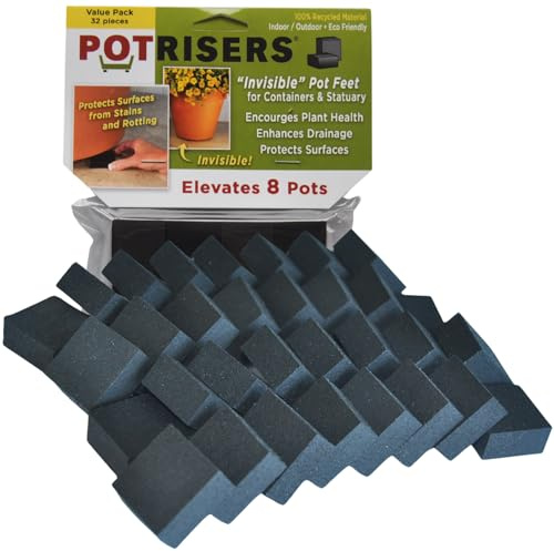 POTRISERS (32 Pack – Standard Size -Invisible Pot Feet Elevate up to 8 Flower Plant Planters or Statuary, Rubber, Black, 32 Count