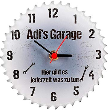 Herz & Heim® Uhr für Werkstatt oder Hobbyraum - Sägeblatt - mit Namen, Ø 12,5 cm