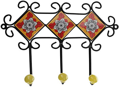 GURU SHOP Dreier Garderoben Haken, Boho Wandhaken mit Fliesen,Vintage Kleiderhaken, Handtuchhalter - Modell 13, 21x28x6 cm