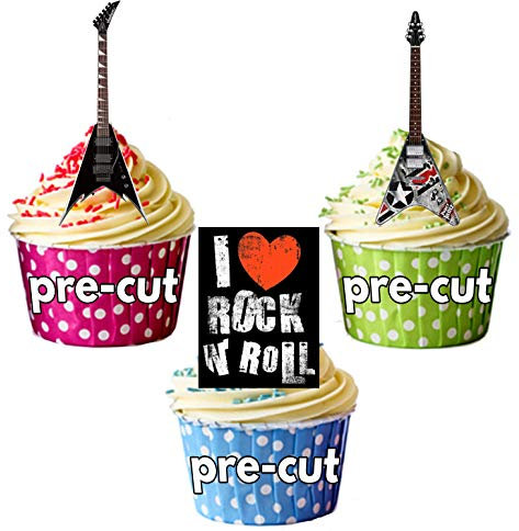 AK Giftshop PRE-CUT I Love Rock & Roll/Rock Guitar - Edible Stand-up Cupcake Toppers (pack of 12)