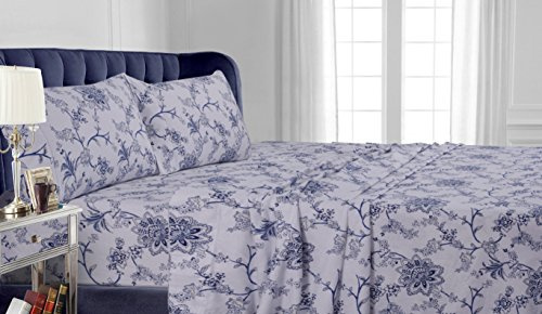 Tribeca Living Flannel Sheets Queen Size - 100% Cotton Flannel Sheet Set, 200 GSM Deep Pocket Queen Flannel Sheets, 4 Piece Ultra Soft Brushed Cotton Flannel Sheet in Floral Blue Print