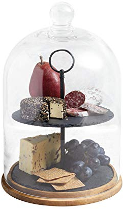 Artesà Cloche En Verre Pour La Présentation Et Le Stockage Des Aliments, Avec Plateaux En Ardoise Et Base En Bois, 22 X 31 cm - Noir/Verre Clair/Bois