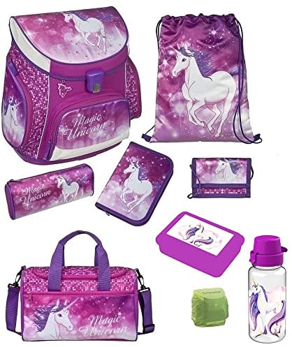 Familando Mädchen Schulranzen 1. Klasse · Scooli Campus Fit Schultasche · ergonomisch & leicht · Kinder Schulranzen Set für Mädchen (9-teilig mit Sporttasche, Magic Unicorn Lila)