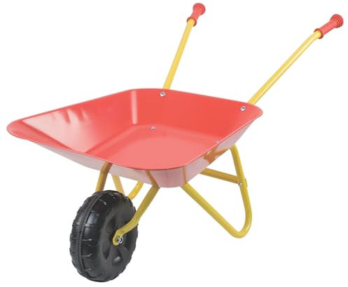 PLAY FUN Kinderschubkarre | Gartenspielzeug & Sandspielzeug für Kinder | Robuste | Rot | Schubkarre aus Metall | Gummierte Griffe & Kunststoffräder | Outdoor-Spielzeug für kleine Gärtner