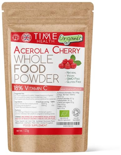 Organic Acerola Cherry Powder - 18% Vitamin C - 125g - UK Made | Natural & Wholefood - Soil Association Approved - GMP Standards - Zero Additives