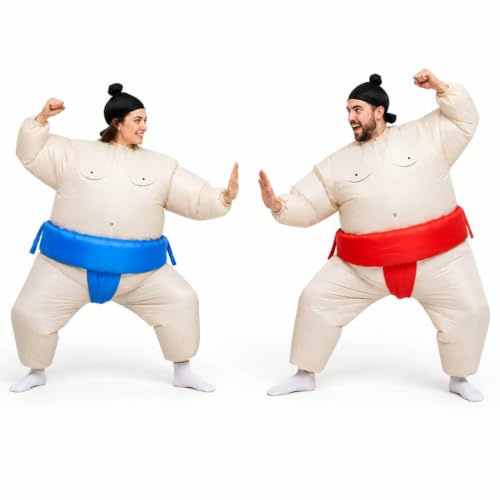 Aufblasbares Sumo-Kostüm, 2 Stück, 1 Paar Sumo-Wrestler, japanischer Neuheit, großer Fett, ein roter Gürtel und ein weiterer, tragbarer blauer Gürtel mit Lüfter, Sumo-Wrestler-Match