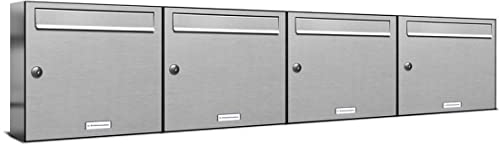 AL Briefkastensysteme 4er Briefkastenanlage aus V2A Edelstahl, Premium Briefkasten DIN A4, 4 Fach Postkasten modern Aufputz