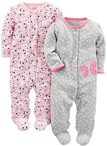 Simple Joys by Carter's Baby Mädchen Schlaf- und Spielanzug aus Baumwolle mit Füßen und Druckknöpfen, 2er-Pack, Grau Schmetterling/Rosa Floral, 0 Monate