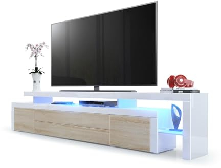 Vladon Meuble TV Bas Leon V3, Corps en Blanc Haute Brillance/Façades en chêne Brut avec Une bodure en Blanc Haute Brillance avec l'éclairage LED (227 x 52 x 35 cm)
