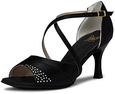 JIAJIA 20522 Latin Women's Sandals 2.95'' Flared Heel Super Satin Dance Shoes Color Black,Size 5 UK / 38 EU
