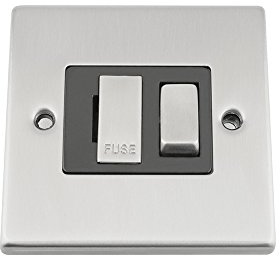 Switched Fused Spur Switch - Satin Chrome - Square - Black - Metal Rocker Switch - 13 Amp