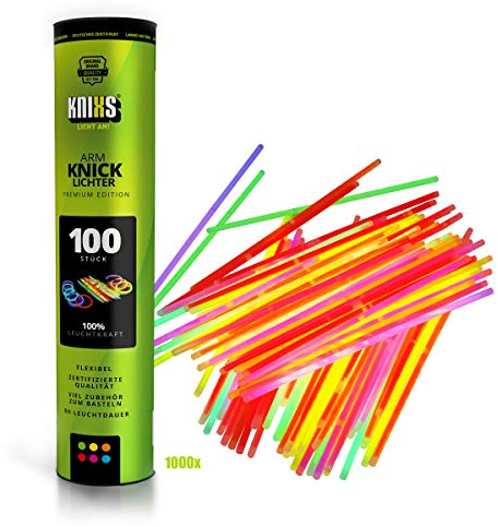 KNIXS 1000x Arm-Knicklichter – im 6-Farb-Mix leuchtend inkl. 1000x 3D-Verbinder und je 20x Ballverbinder und 7-Lochverbinder, seit 15 Jahren in Profiqualität, Glowsticks / Leuchtstäbe - für Party, Festival, Geburtstag oder als Dekoration