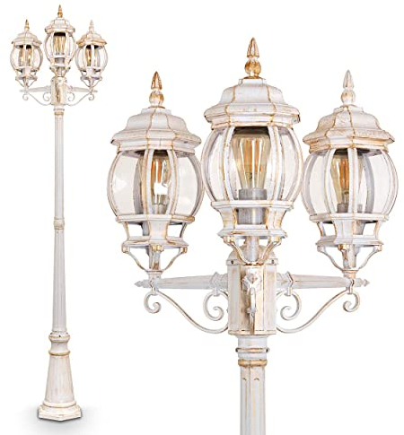 lámpara de exterior Lentua, candelabro en aspecto antiguo, metal en blanco/oro con cristales, lámpara de sendero de 3 brazos 215cm, lámpara de jardín retro/vintage, E27, IP44, sin bombilla(s)