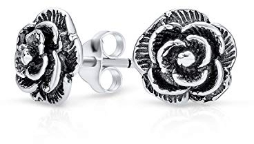 Retro Vintage Stil Blumen Garten Party Blume Schwarze Rose Ohrstecker Ohrringe Für Frauen Jugendliche Oxidiert .925 Sterlingsilber 8MM