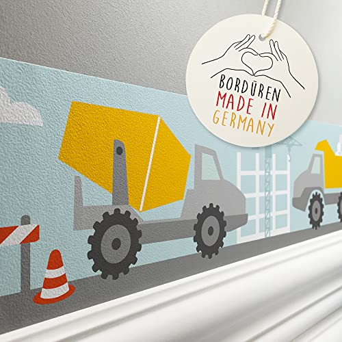 lovely label Bordüre selbstklebend BAUSTELLE GELB - Wandbordüre Kinderzimmer Babyzimmer mit Bagger - Wandtattoo Schlafzimmer Junge – Wanddeko Baby Kinder