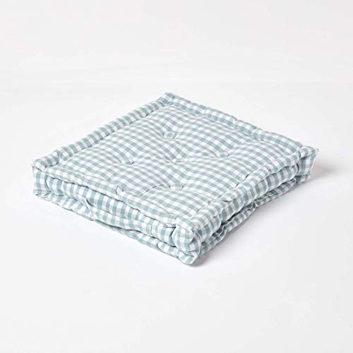 Homescapes Sitzkissen blaugrün weiß kariert 40 x 40 cm Gingham Karo mit Tragegriff Bezug 100% Baumwolle mit Polyester Füllung Sitzerhöhung Stuhlkissen