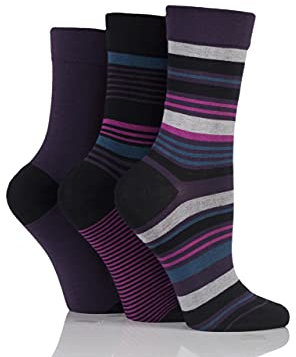 SockShop Ladies Gentle Bamboo Socks with Smooth Toe Seams In Plains and Stripes Pack of 3 Purple Raven/Grey 4-8 Ladies