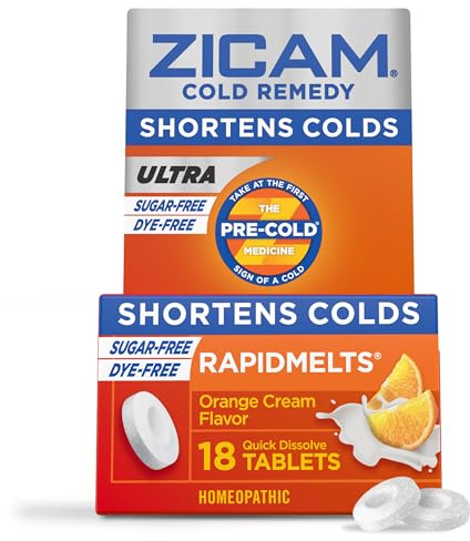 Zicam Ultra Cold Remedy Zinc Rapidmelts, Orange Cream Flavor, Homeopathic, Cold Shortening Medicine, Shortens Cold Duration, Sugar-Free, Dye-Free, 18 Count