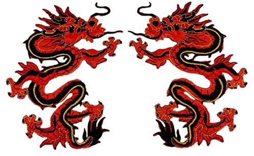 Zhiheng 1 Pair Red Chinese Dragon Totem Embroidered Appliques Dragon Couple Iron on Patches for Jeans Jackets Backpacks
