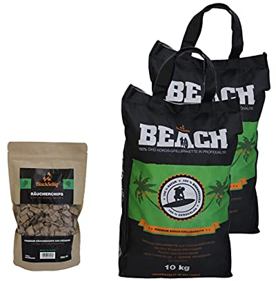 BlackSellig Beach Premium Kokos Grillbriketts – Cocos Holzkohle für Dutch Oven, BBQ & Smoker – Hochwertige Grillkohle & Holzkohlebriketts – Lange Brenndauer & Hohe Hitze (20kg + 360g Smokerchips)