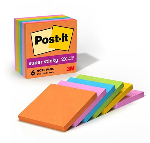 Post-it Super Sticky Notes, 3x3 in, 6 Pads, 2X The Sticking Power, Energy Boost Collection, Bright Colors (Orange, Pink, Blue, Green),Recyclable (654-6SSAU)