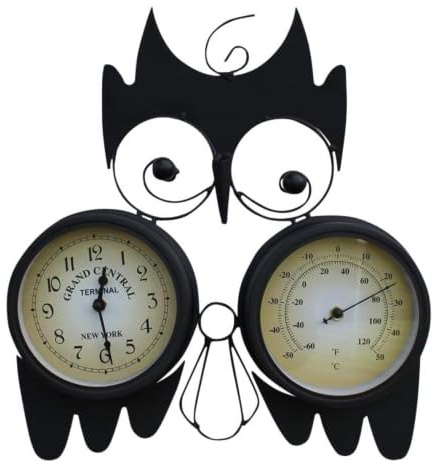 Garden Market Place Garden Clock, Owl Wall Clock with Thermometer, Indoor & Outdoor Garden Décor, Black Metal, Wall Mounted with Bracket & AA Battery, 15cm Clock & Thermometer Faces